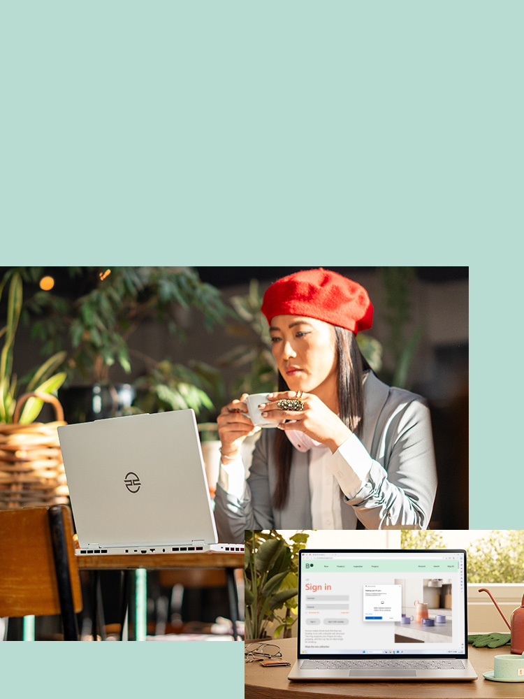 En kvinna framför en PCSpecialist-laptop med Windows 11